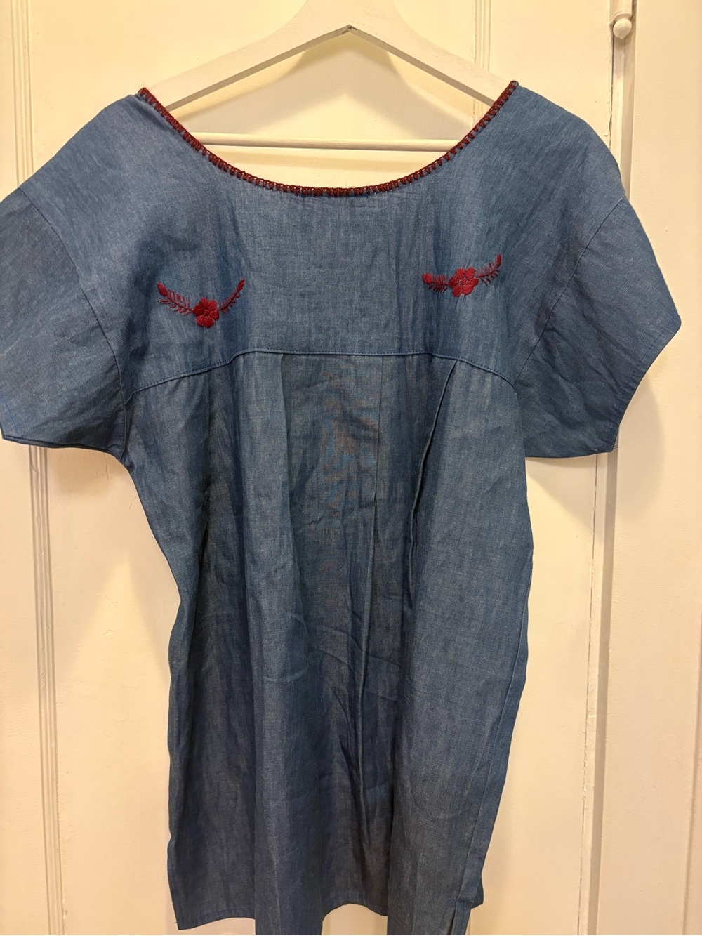 Nativa Embroidered Blue Denim Peasant Top with Maroon detail - Picture 2 of 5